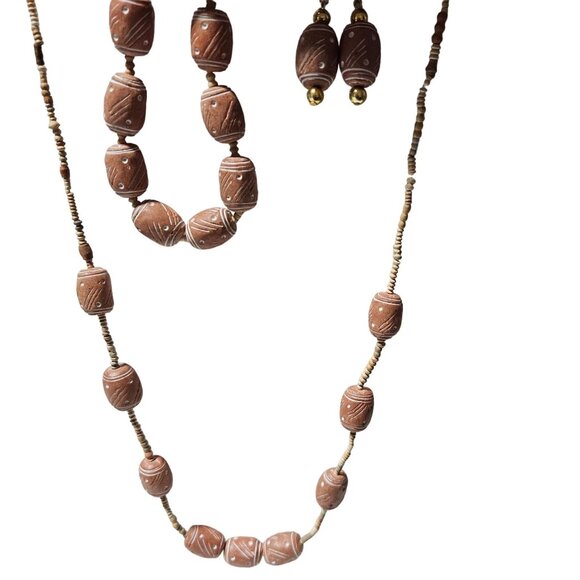 Handcrafted Boho Terracotta Necklace Bracelet Earrings Set Wooden Jewelry - Picture 1 of 10
